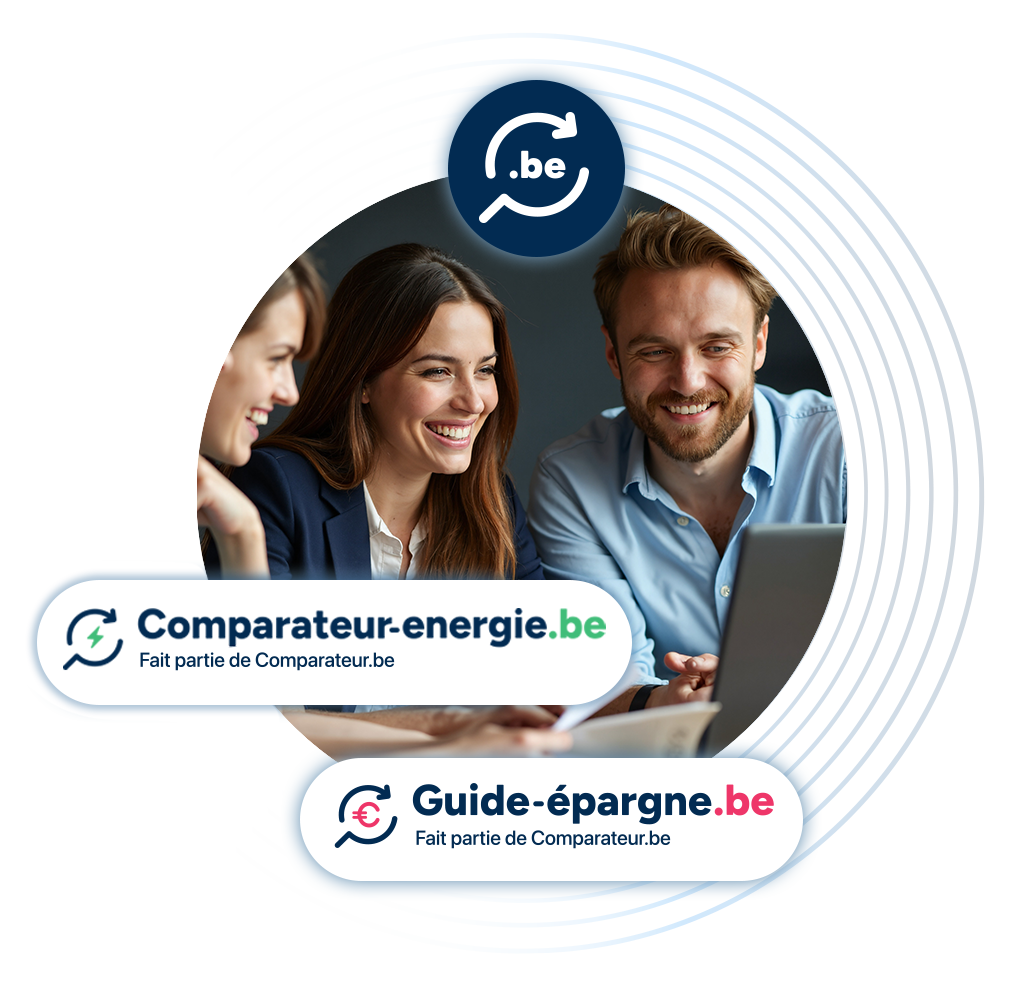 Un groupe de 3 personnes compare leurs frais fixes via Comparateur.be.
