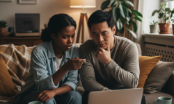 Le couple compare ensemble les assurances vie à 26 ans sur leur ordinateur portable.