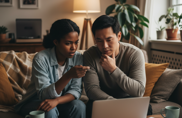 Le couple compare ensemble les assurances vie à 26 ans sur leur ordinateur portable.